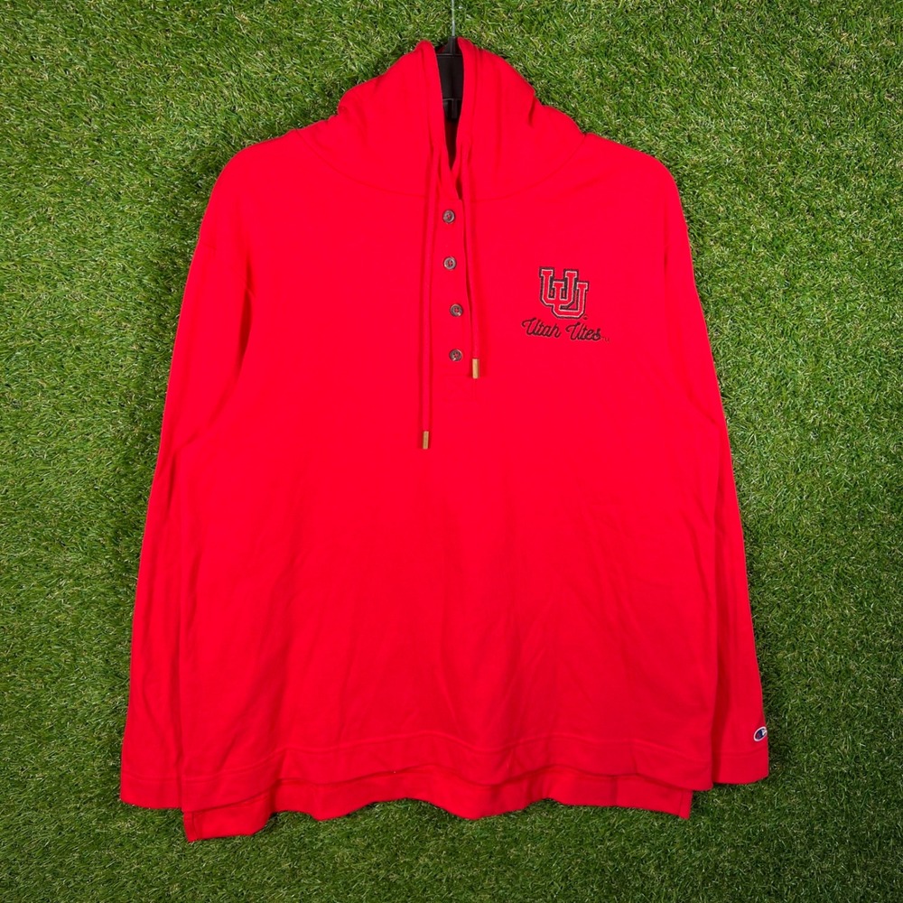 Champion‎ Utah Utes Henley Hoodie Mens XL Red Long Sleeve Button Pullover